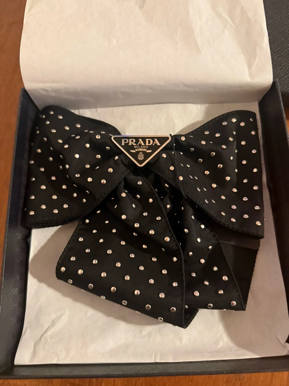 Prada Studded Re-Nylon Studded Embellished Logo Hair Clip NEW